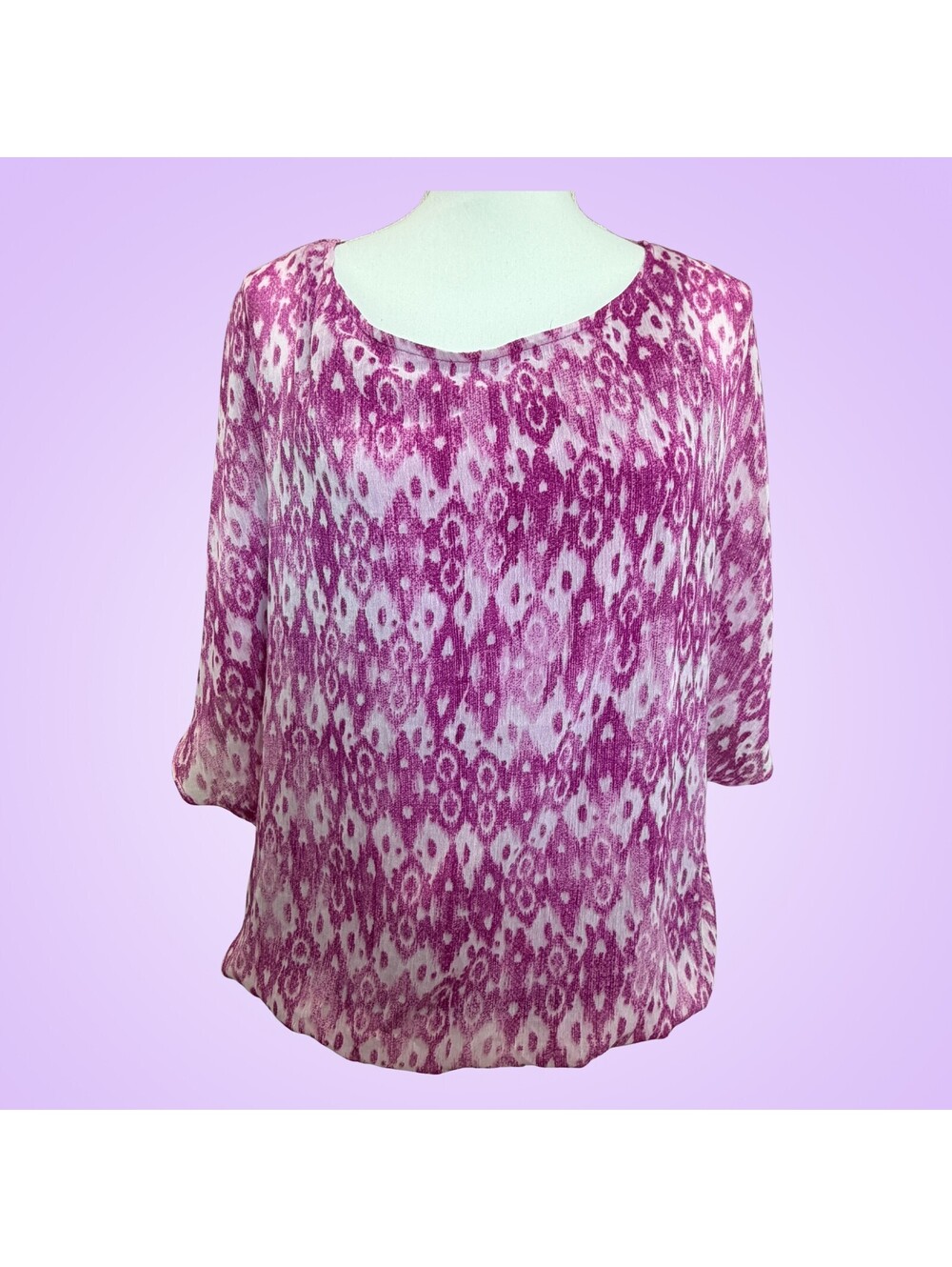 Rose & Olive Womens Medium Pink Purple Abstract Print Lined Blouse 3/4 Sleeve